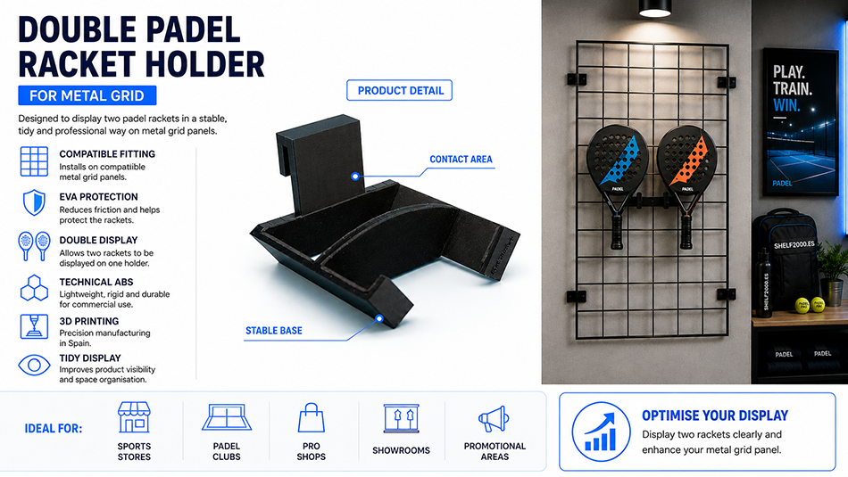 Double padel racket holder in ABS with EVA protection installed on a metal grid